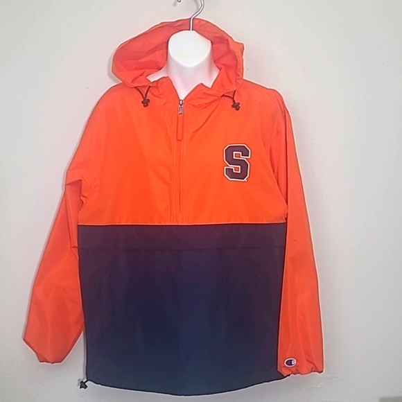 Syracuse Windbreaker Hooded Rain Jacket Black Orange 1/4 Zip Pocket Drawcord - Picture 2 of 9